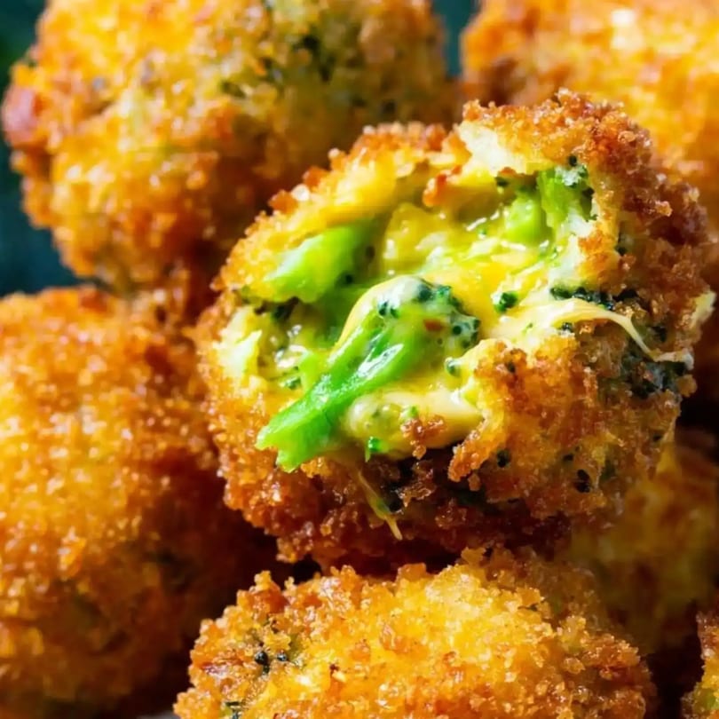 Close-up of a golden-fried broccoli and cheese bite, with melted cheese and green broccoli visible inside.