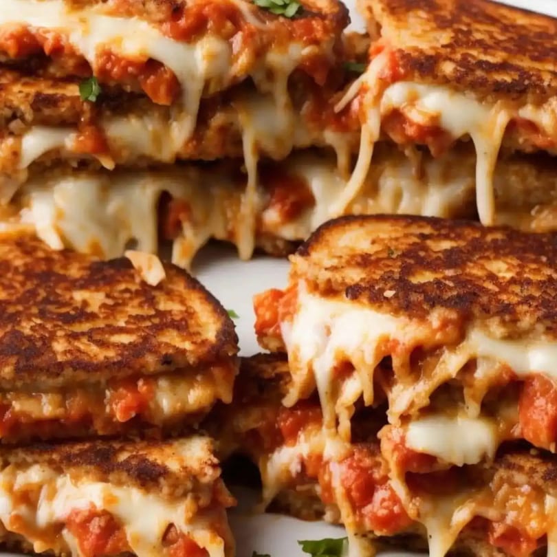 Close-up of several grilled cheese sandwiches oozing melted mozzarella and red sauce.